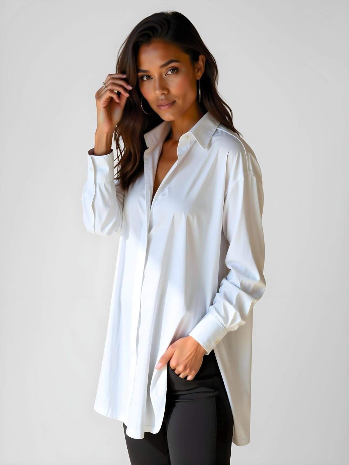 Women's Oversized Shirt Dress with Notched Collar, Front Buttons, Side Slit – Cotton Style