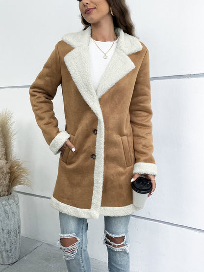 Women's Long Winter Coat with Notched Collar and Suede Effect Finish