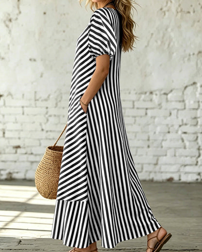 Women’s Long Summer Striped Dress with One-Shoulder Neckline and Ruffle