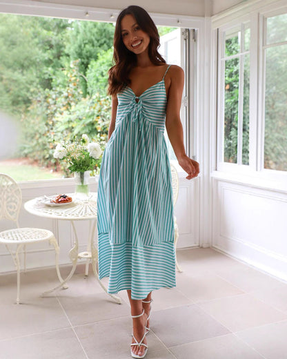 Abito Midi Estivo Donna a Righe con Scollo a V e Vita Elasticizzata – Abito Casual Estivo