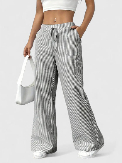 Women's Wide-Leg Pants with Elastic Waist, Drawstring, and Patch Pockets – Cotton Blend