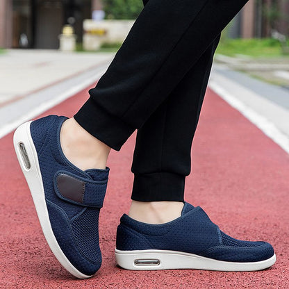 Men's breathable mesh walking shoes with adjustable Velcro strap and cushioned sole.