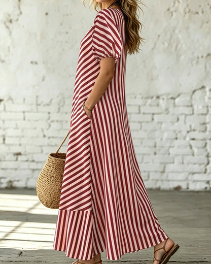 Women’s Long Summer Striped Dress with One-Shoulder Neckline and Ruffle