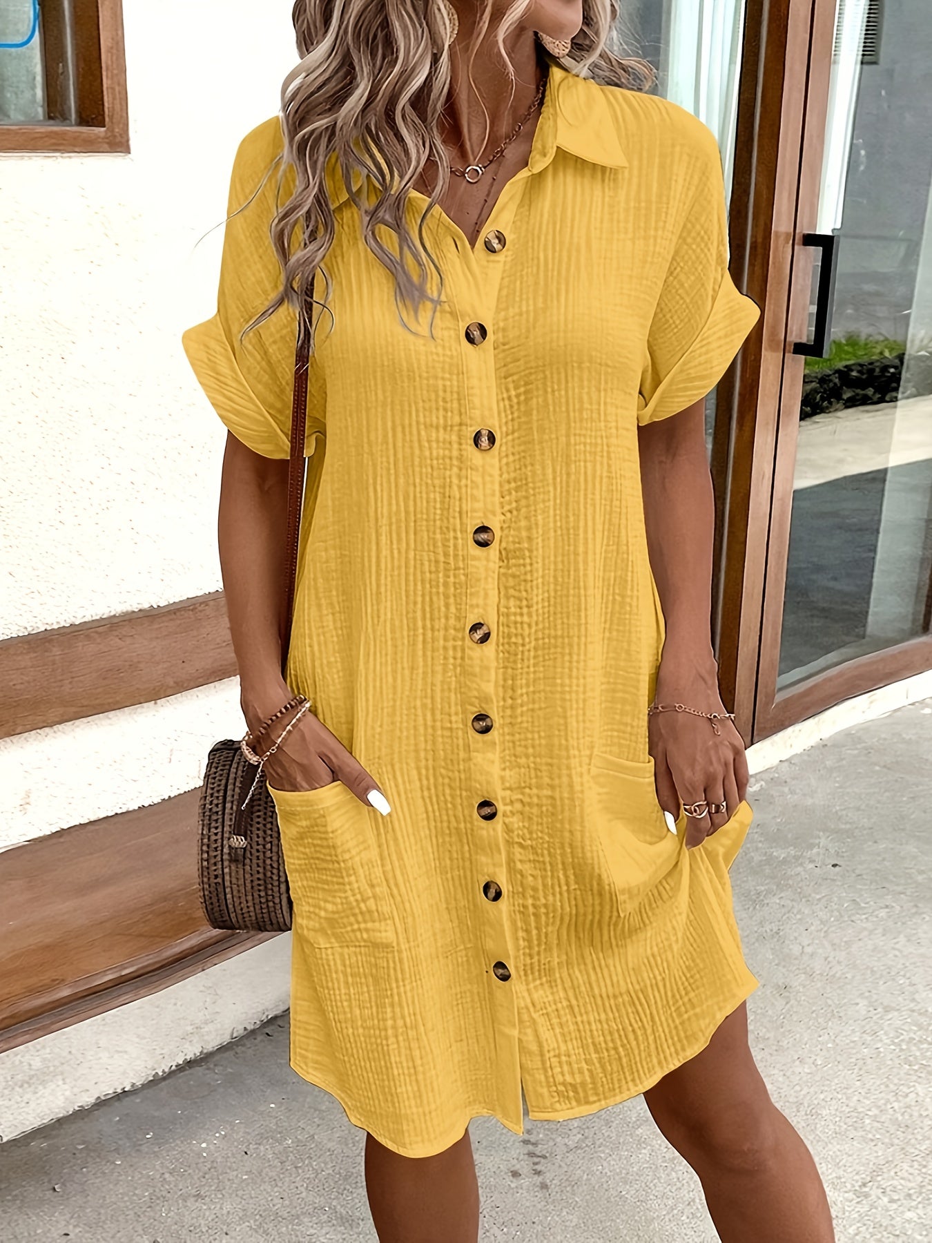 Women's Shirt Dress with Collar and Front Buttons – Versatile Casual Style