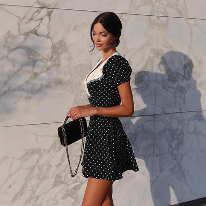 Abito Midi Donna a Pois con Scollo a V, Pizzo e Maniche a Palloncino
