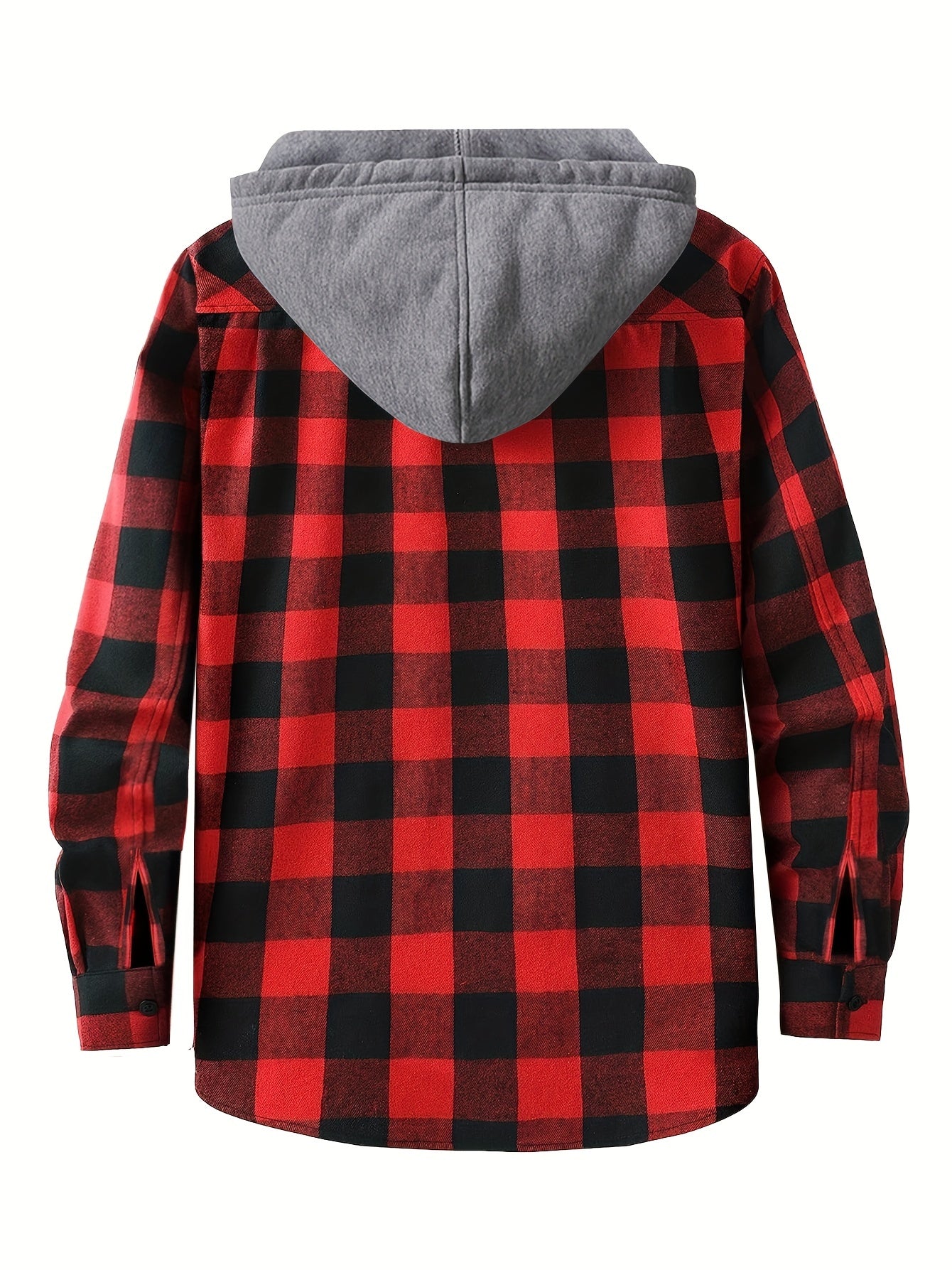 Men's Autumn Flannel Shirt-Jacket with Hood and Checkered Pattern