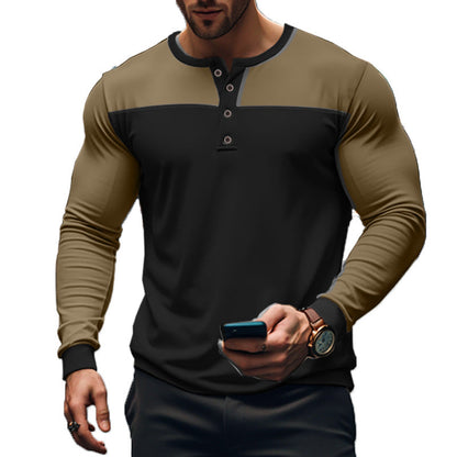 Men's Long Sleeve Henley Shirt with Color Block Design