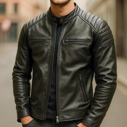 Men's Faux Leather Jacket with Reinforced Shoulders and Motorcycle Zip Details
