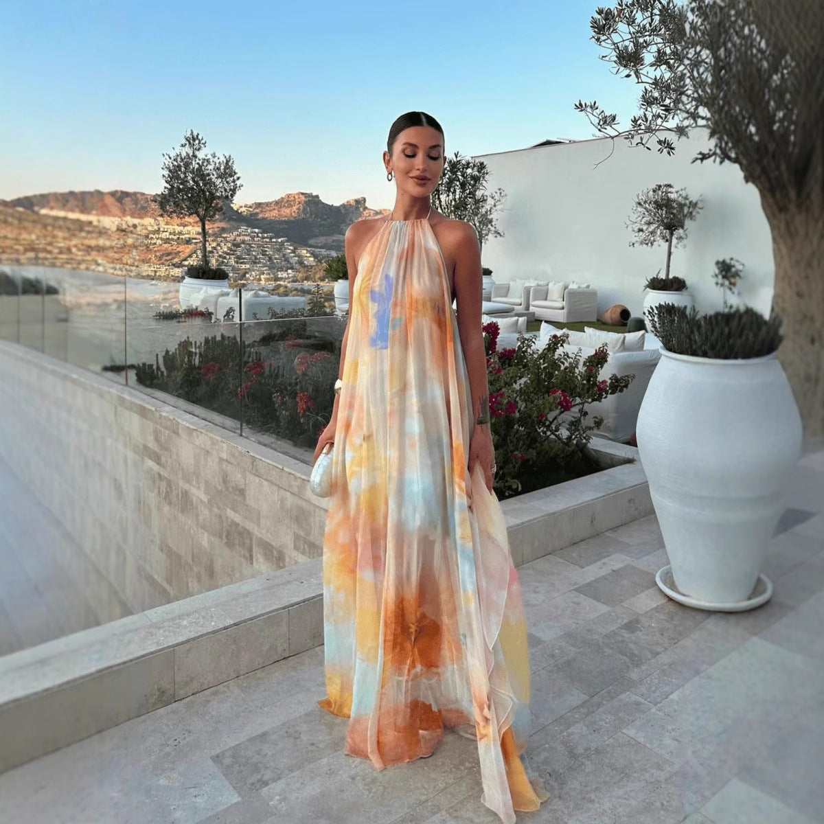 Women's Printed Summer Maxi Dress with Halter Neck and Open Back – Loose Summer Dress