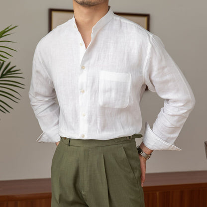 Camisa de verano para hombre de lino, color verde caqui, con tejido ligero