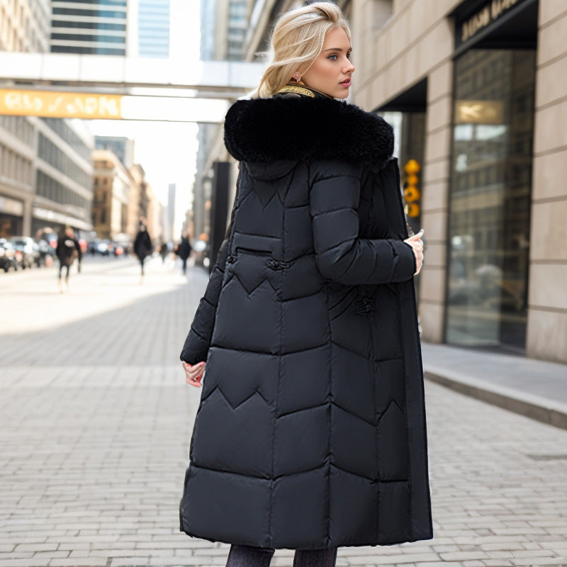 Women's Long Winter Coat with Fur Collar and Padding