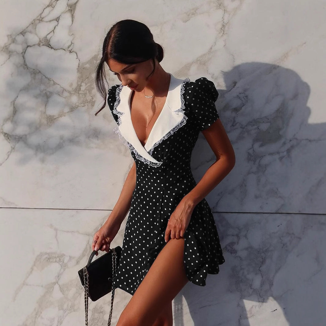 Abito Midi Donna a Pois con Scollo a V, Pizzo e Maniche a Palloncino