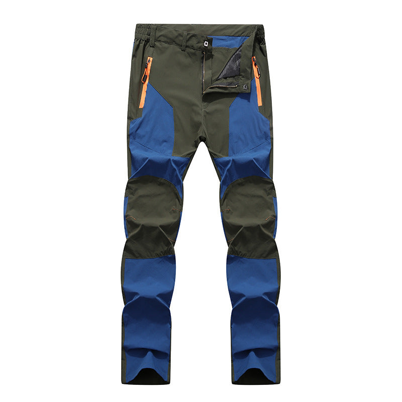 Pantaloni trekking uomo, verde e blu, con tasche arancioni, resistenti all'acqua, ideali per escursioni e attività outdoor.