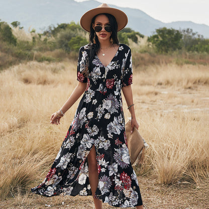 Women’s Summer Midi Dress with Floral Print and V-Neckline