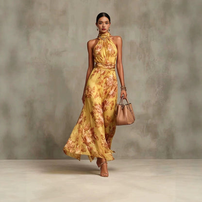 Abito Maxi da Donna Senza Maniche con Stampa, Collo Allacciato e Vita Alta – Stile Chiffon