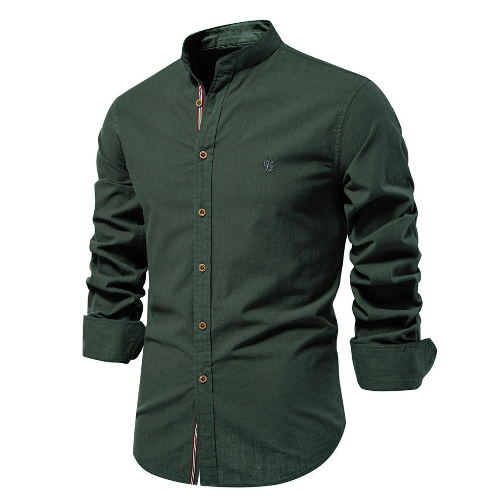 Camisa de verano para hombre de mezcla de algodón y lino, con cuello mao y mangas largas.