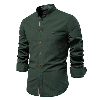 Camisa de verano para hombre de mezcla de algodón y lino, con cuello mao y mangas largas.