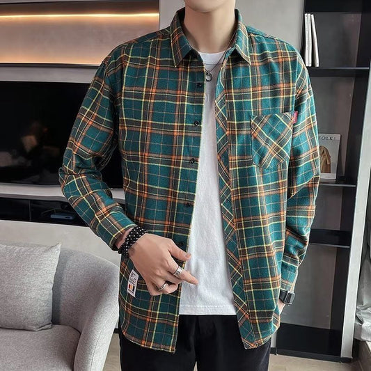 Camicia da Uomo Primaverile a Maniche Lunghe con Motivo Scozzese e Vestibilità Slim