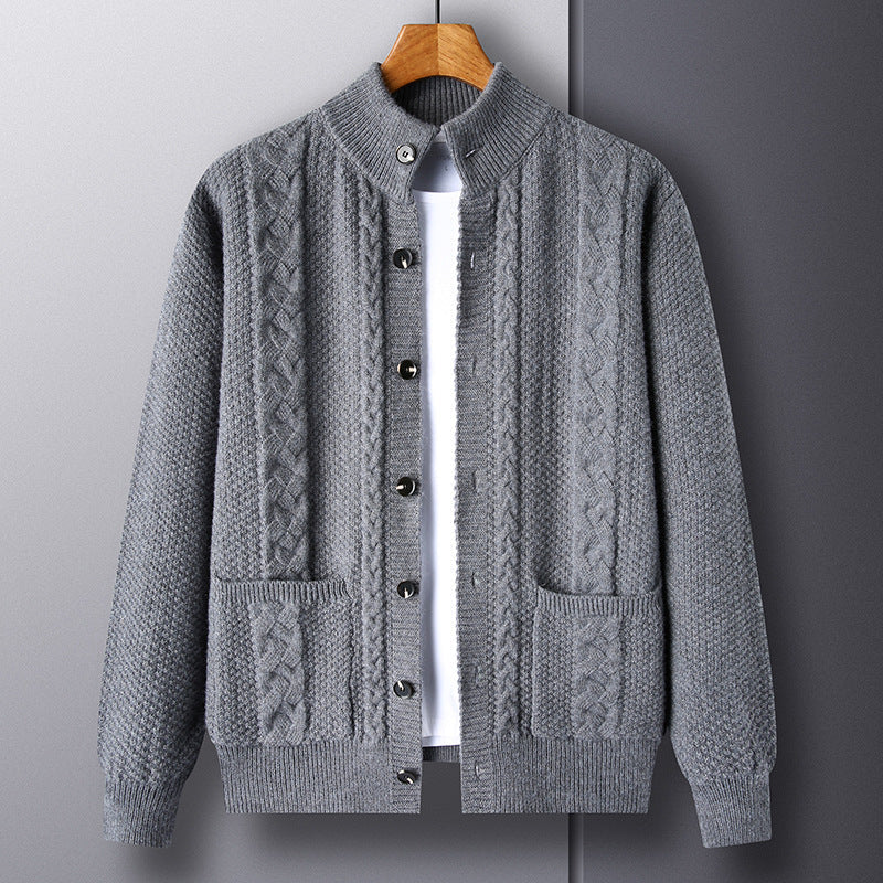 Men's Autumn Jacquard Knit Cardigan, Retro Style, Button Closure, Pockets, and Loose Fit.