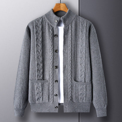 Men's Autumn Jacquard Knit Cardigan, Retro Style, Button Closure, Pockets, and Loose Fit.