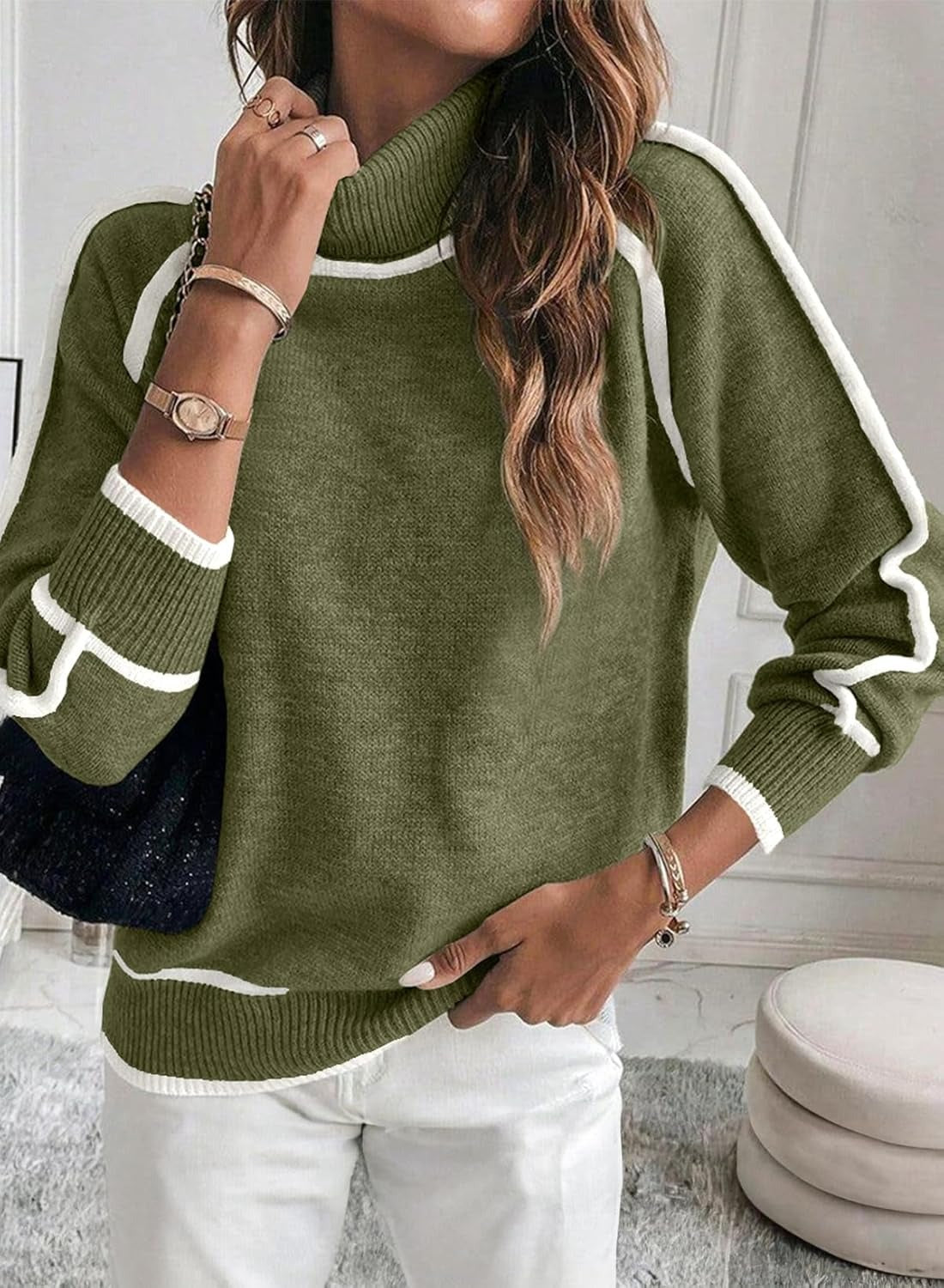 Women's Solid Color Turtleneck Pullover Sweater with Long Sleeves