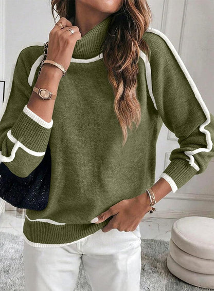 Women's Solid Color Turtleneck Pullover Sweater with Long Sleeves