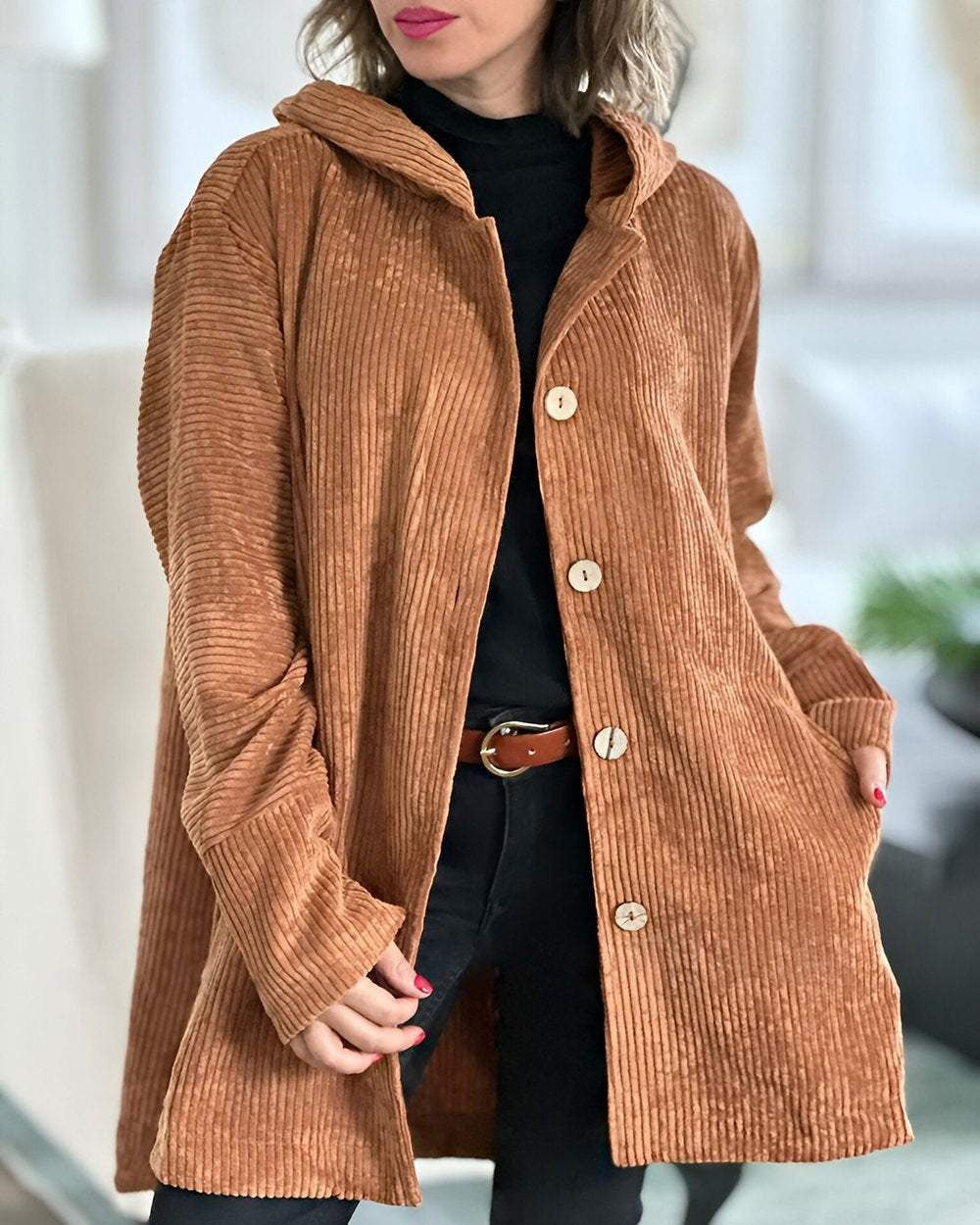Women's Autumn Corduroy Jacket with Hood and Pockets – Solid Color