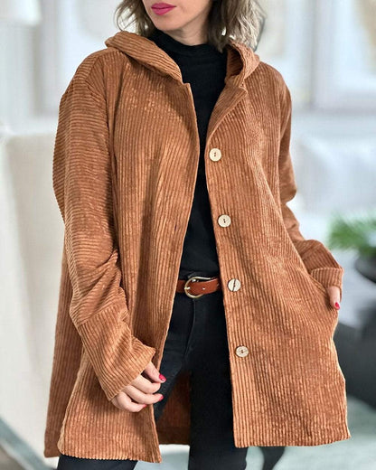 Women's Autumn Corduroy Jacket with Hood and Pockets – Solid Color