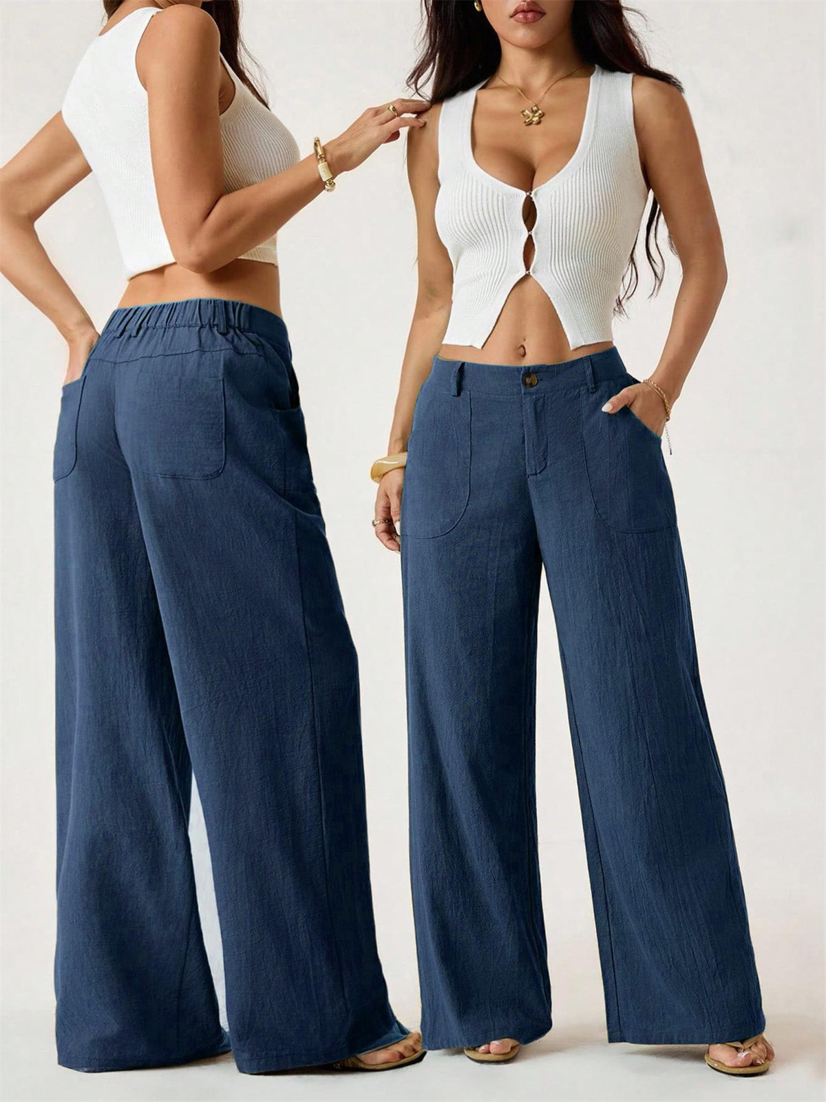 Pantaloni Da Donna Primaverili In Cotone E Lino A Gamba Larga, Con Vita Media E Tasche Laterali.