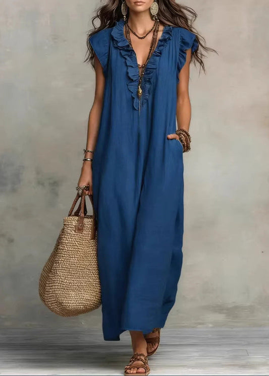 Vestido de verano para mujer sin mangas en línea A con volantes y bolsillos laterales – mezcla de algodón
