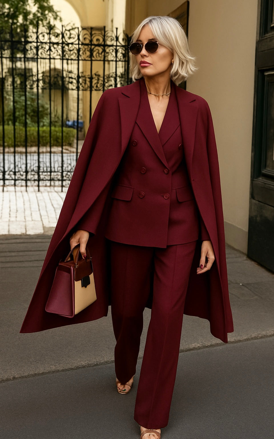 Women's Three-Piece Set: Coat, Blazer, and Regular Fit Pants – Wool Blend