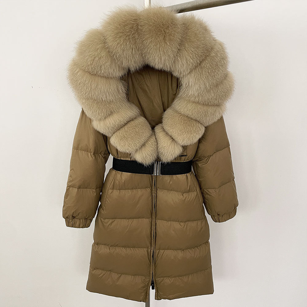 Women's Winter Coat with Long Hood and Removable Fur Collar