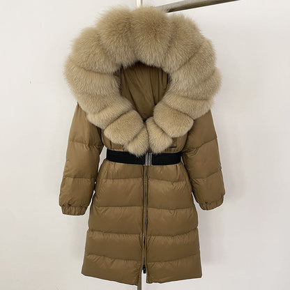 Women's Winter Coat with Long Hood and Removable Fur Collar