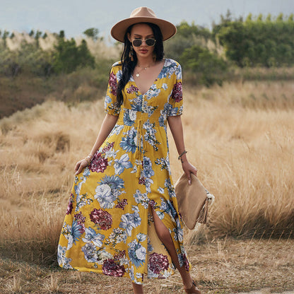 Women’s Summer Midi Dress with Floral Print and V-Neckline