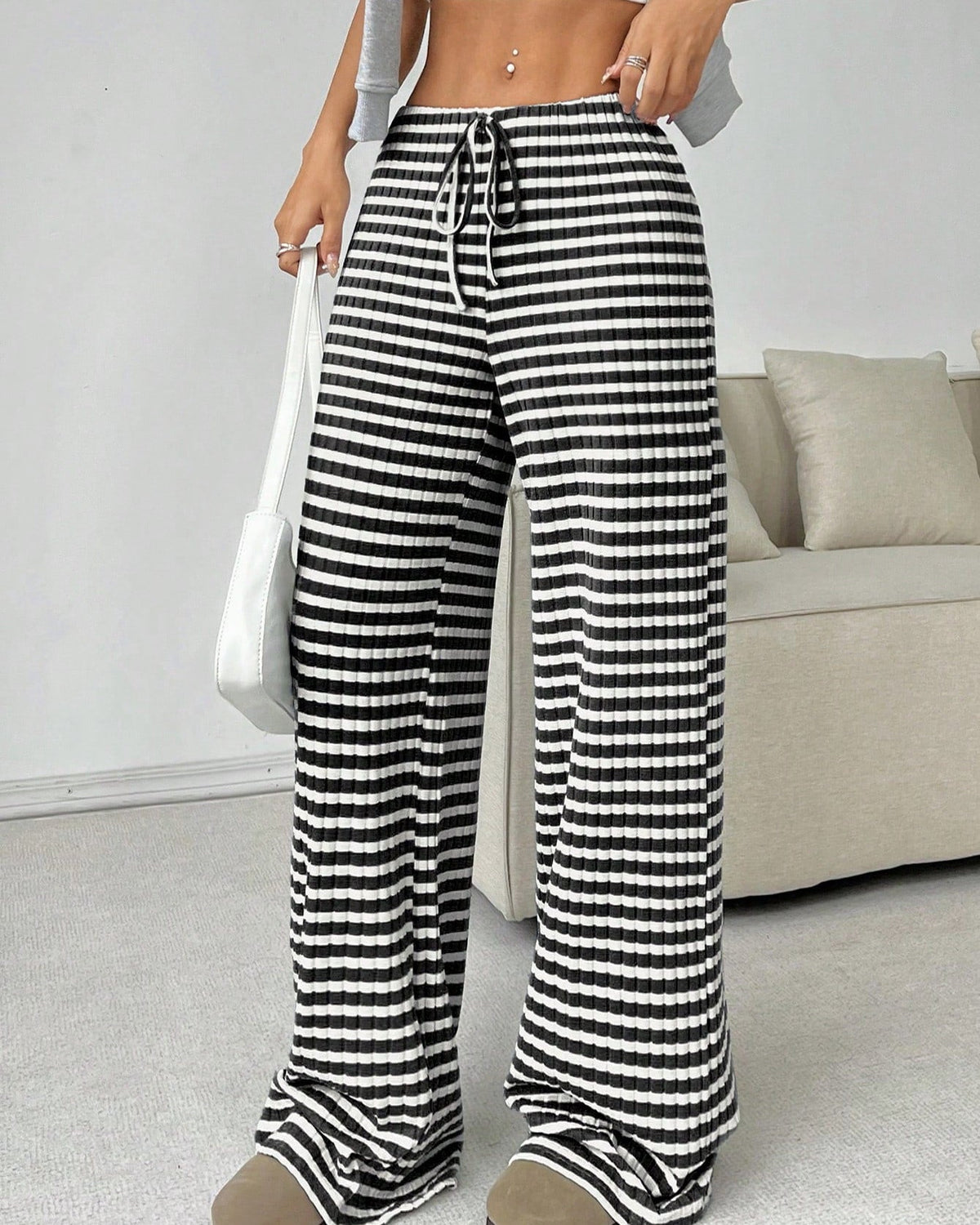 Pantalones de mujer de algodón y pernera recta con estampado de rayas