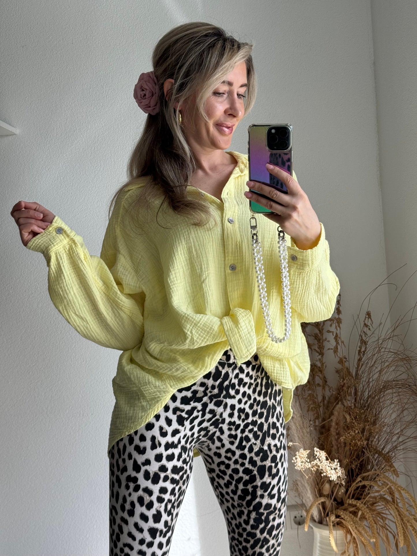Women's Mussola Oversized Blouse, Loose Fit, Pastel Yellow