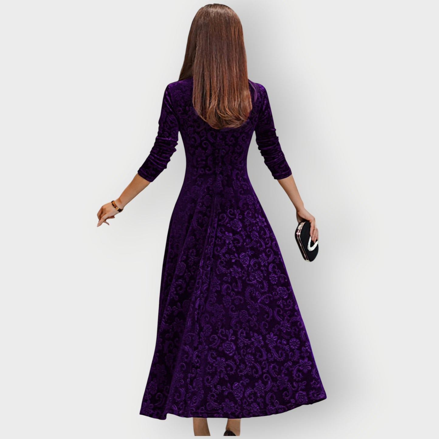 Women's Midi Jacquard Velvet Dress with V-Neck and Flared Skirt