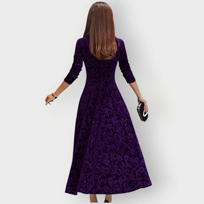 Women's Midi Jacquard Velvet Dress with V-Neck and Flared Skirt