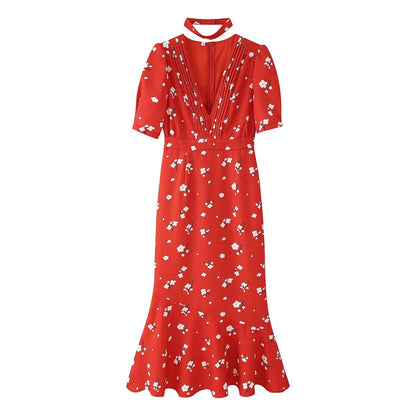 Women’s Floral Summer Dress with Puff Sleeves and A-Line Skirt