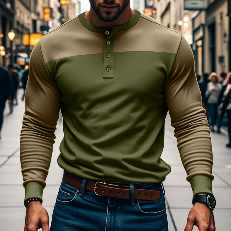 Men's Long Sleeve Henley Shirt with Color Block Design
