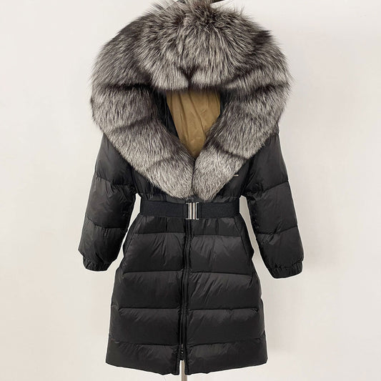 Women's Winter Coat with Long Hood and Removable Fur Collar