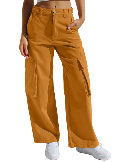 Low Waist Women's Denim Pants with Multiple Pockets and Loose Fit Workwear Style