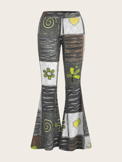 Pantalones de mujer bootcut estampados con motivo abstracto y cintura media
