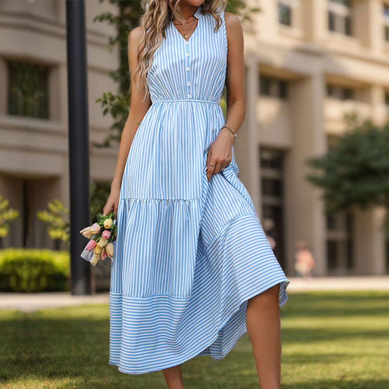 Women's Sleeveless Vertical Stripe Midi Dress with High Waist – Elegant A-Line Dress