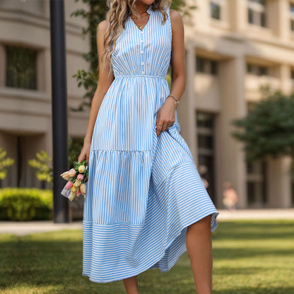 Women's Sleeveless Vertical Stripe Midi Dress with High Waist – Elegant A-Line Dress