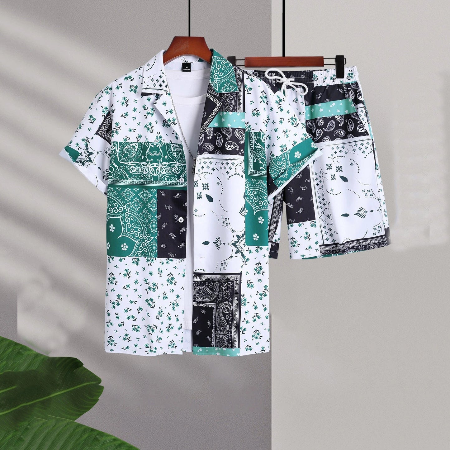 Traje completo de hombre de dos piezas con camisa de manga corta y pantalones cortos – Tejido elástico