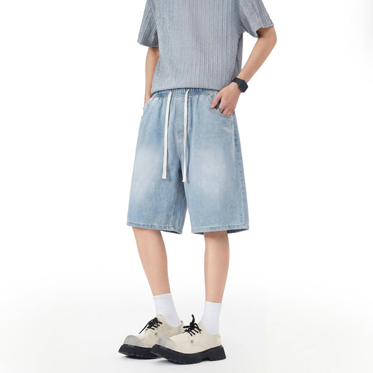 Herreshorts i denim med elastisk talje og lige ben