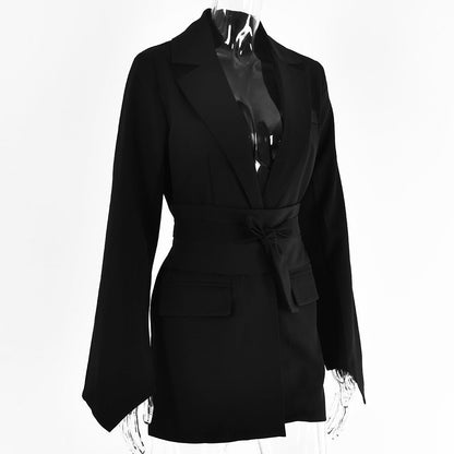 Women's autumn blazer with a belt and long bell sleeves.