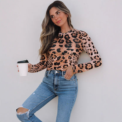 Women's Long Sleeve Sweater with Leopard Print and Round Neck