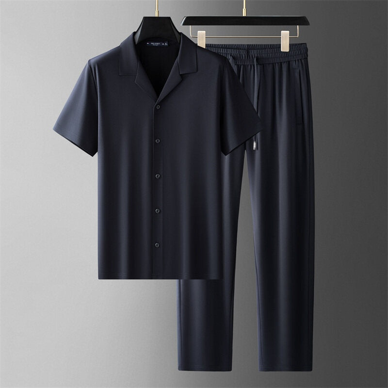 Conjunto de verano para hombre con camisa de manga corta y pantalones a juego – Casual con sensación de seda